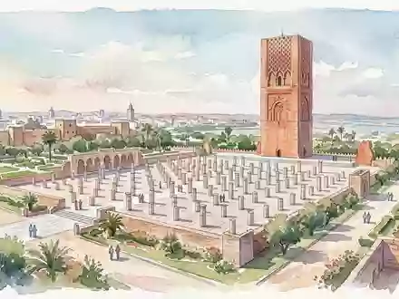 Aquarellillustration des Wahrzeichens Hassan-Turm in Rabat Marokko, weiche Farbverläufe und pastelliges Reiseposter-Feeling - Foto: THN