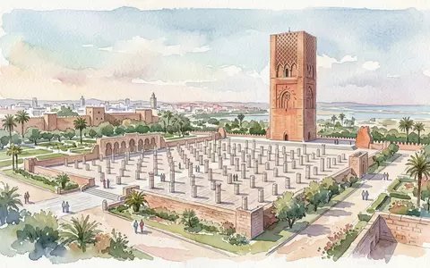 Aquarellillustration des Wahrzeichens Hassan-Turm in Rabat Marokko, weiche Farbverläufe und pastelliges Reiseposter-Feeling - Foto: THN