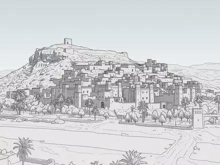 Moderner Architektur-Render zeigt Silhouette von Ait-Ben-Haddou in Ouarzazate Marokko, klare Linien und neutrales Tageslicht - Foto: THN