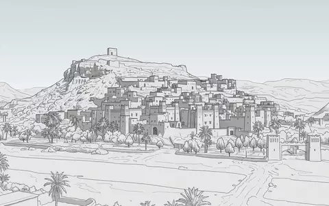 Moderner Architektur-Render zeigt Silhouette von Ait-Ben-Haddou in Ouarzazate Marokko, klare Linien und neutrales Tageslicht - Foto: THN