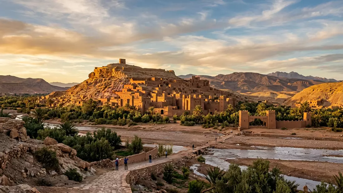 Fotorealistische Ansicht von Ait-Ben-Haddou in Ouarzazate, Marokko im Abendlicht