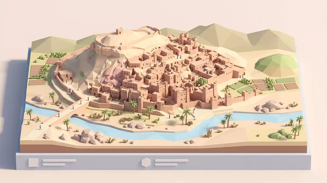 Isometrisches Diorama von Ait-Ben-Haddou in Ouarzazate, Marokko in Pastell