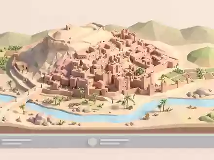 Isometrisches Diorama von Ait-Ben-Haddou und Umgebung in Ouarzazate Marokko, verspielte Low-Poly-Kulisse in Pastellfarben - Foto: THN