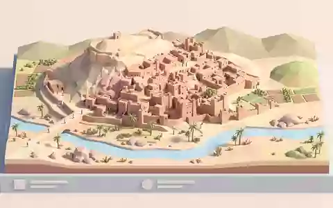 Isometrisches Diorama von Ait-Ben-Haddou und Umgebung in Ouarzazate Marokko, verspielte Low-Poly-Kulisse in Pastellfarben - Foto: THN