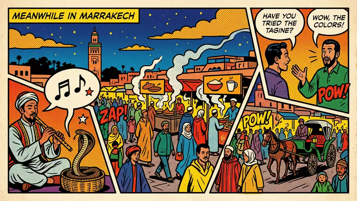 Pop-Art-Comic von Djemaa el-Fna in Marrakesch, Marokko mit Rasterpunkten