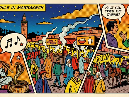 Pop-Art-Comicillustration des Wahrzeichens Djemaa el-Fna in Marrakesch Marokko, kraeftige Konturen Rasterpunkte und satte Farben - Foto: THN