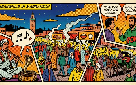 Pop-Art-Comicillustration des Wahrzeichens Djemaa el-Fna in Marrakesch Marokko, kraeftige Konturen Rasterpunkte und satte Farben - Foto: THN