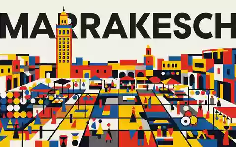 Bauhaus-Poster als geometrische Abstraktion von Djemaa el-Fna in Marrakesch Marokko, kraeftige Grundfarben und harte Formkanten - Foto: THN