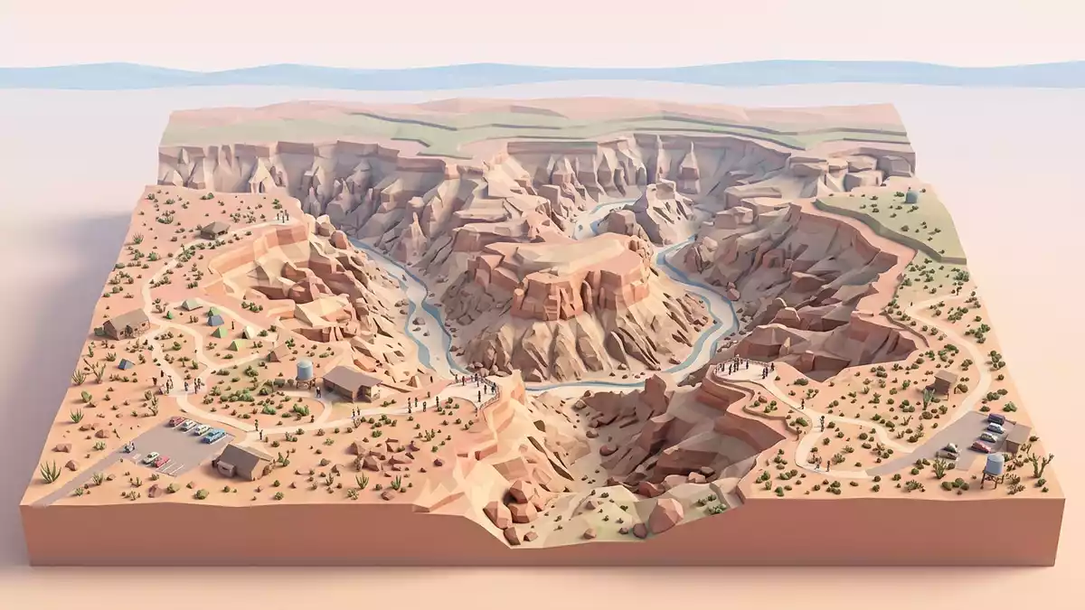 Isometrisches Diorama von Fish River Canyon in Hobas, Namibia in Pastell