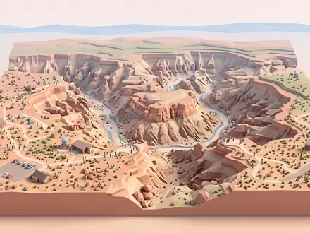 Isometrisches Diorama von Fish River Canyon und Umgebung in Hobas Namibia, verspielte Low-Poly-Kulisse in Pastellfarben - Foto: THN