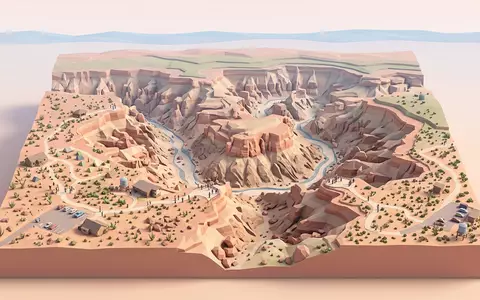 Isometrisches Diorama von Fish River Canyon und Umgebung in Hobas Namibia, verspielte Low-Poly-Kulisse in Pastellfarben - Foto: THN