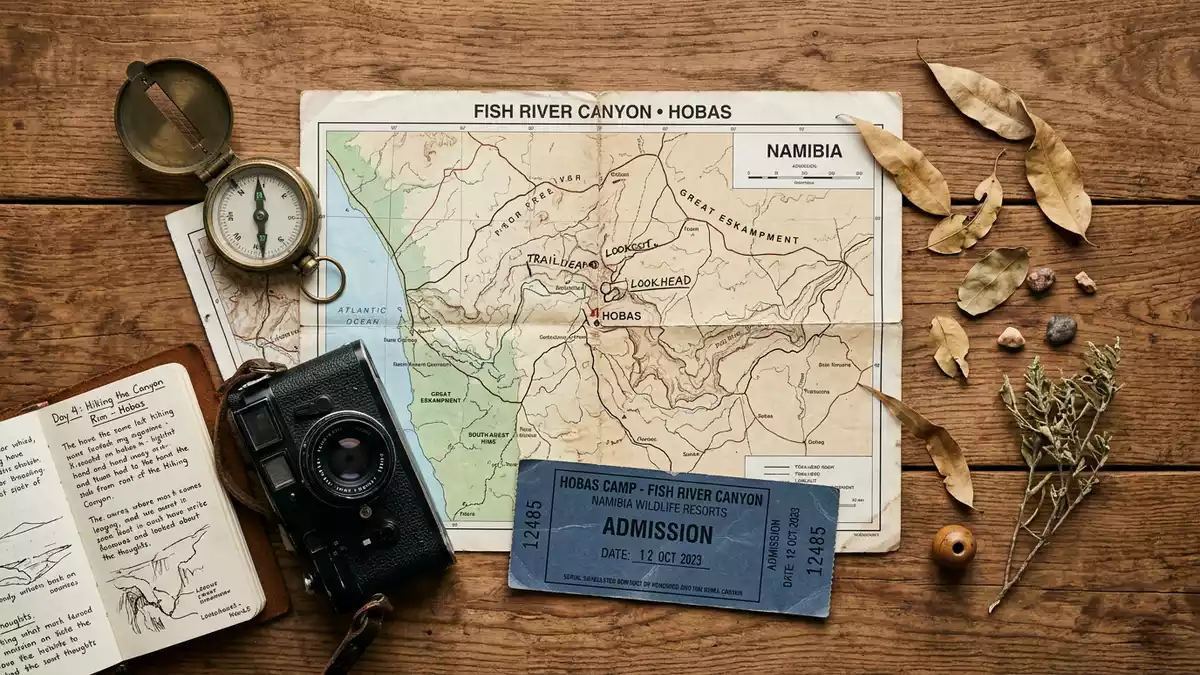 Flatlay-Reise-Arrangement rund um Fish River Canyon in Hobas, Namibia
