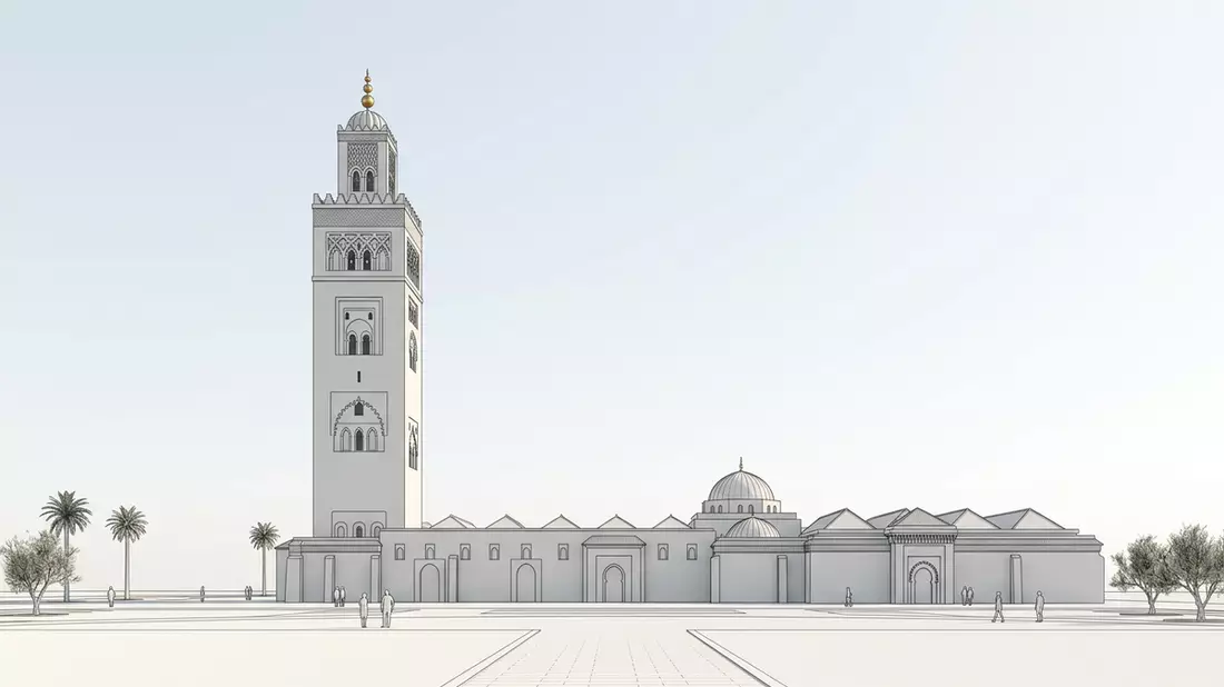 Architektur-Render von Koutoubia-Moschee in Marrakesch, Marokko bei Tageslicht