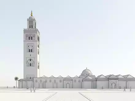 Moderner Architektur-Render zeigt Silhouette von Koutoubia-Moschee in Marrakesch Marokko, klare Linien und neutrales Tageslicht - Foto: THN