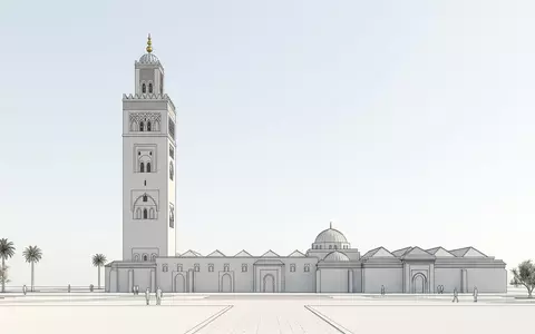 Moderner Architektur-Render zeigt Silhouette von Koutoubia-Moschee in Marrakesch Marokko, klare Linien und neutrales Tageslicht - Foto: THN