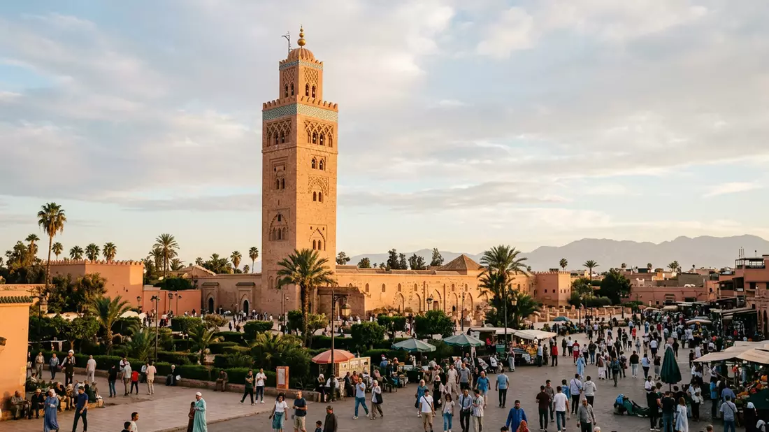 Editorial-Reisemagazinbild vom Wahrzeichen Koutoubia-Moschee in Marrakesch, Marokko
