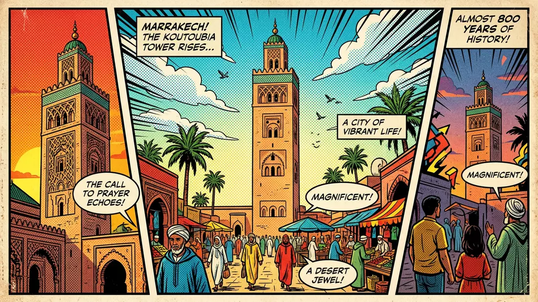 Pop-Art-Comic von Koutoubia-Moschee in Marrakesch, Marokko mit Rasterpunkten