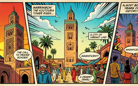 Pop-Art-Comicillustration des Wahrzeichens Koutoubia-Moschee in Marrakesch Marokko, kraeftige Konturen Rasterpunkte und satte Farben - Foto: THN