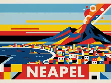 Bauhaus-Poster als geometrische Abstraktion von Vesuv in Neapel Italien, kraeftige Grundfarben und harte Formkanten - Foto: THN