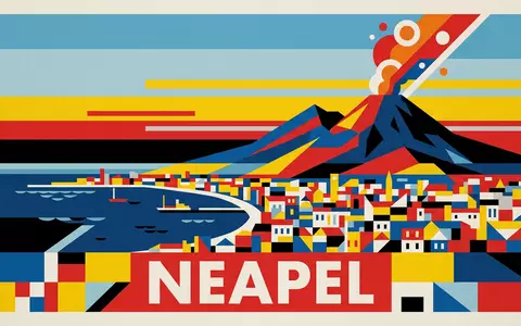 Bauhaus-Poster als geometrische Abstraktion von Vesuv in Neapel Italien, kraeftige Grundfarben und harte Formkanten - Foto: THN