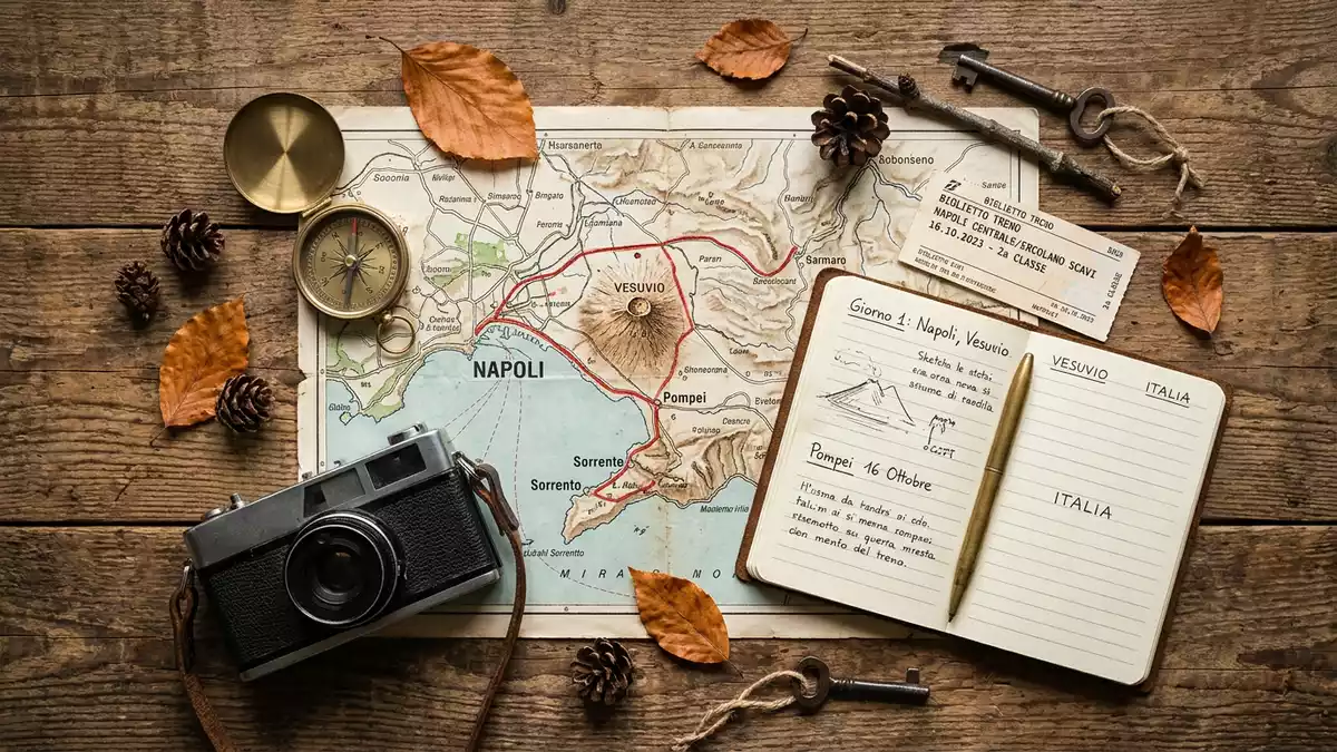 Flatlay-Reise-Arrangement rund um Vesuv in Neapel, Italien