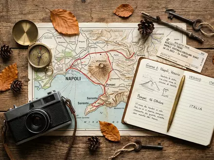 Flatlay-Reise-Arrangement rund um Vesuv in Neapel Italien, Karte Kompass Kamera und generische Reiserequisiten - Foto: THN