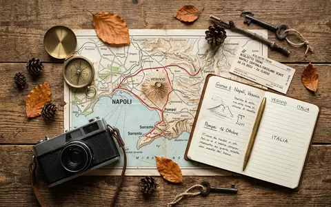 Flatlay-Reise-Arrangement rund um Vesuv in Neapel Italien, Karte Kompass Kamera und generische Reiserequisiten - Foto: THN