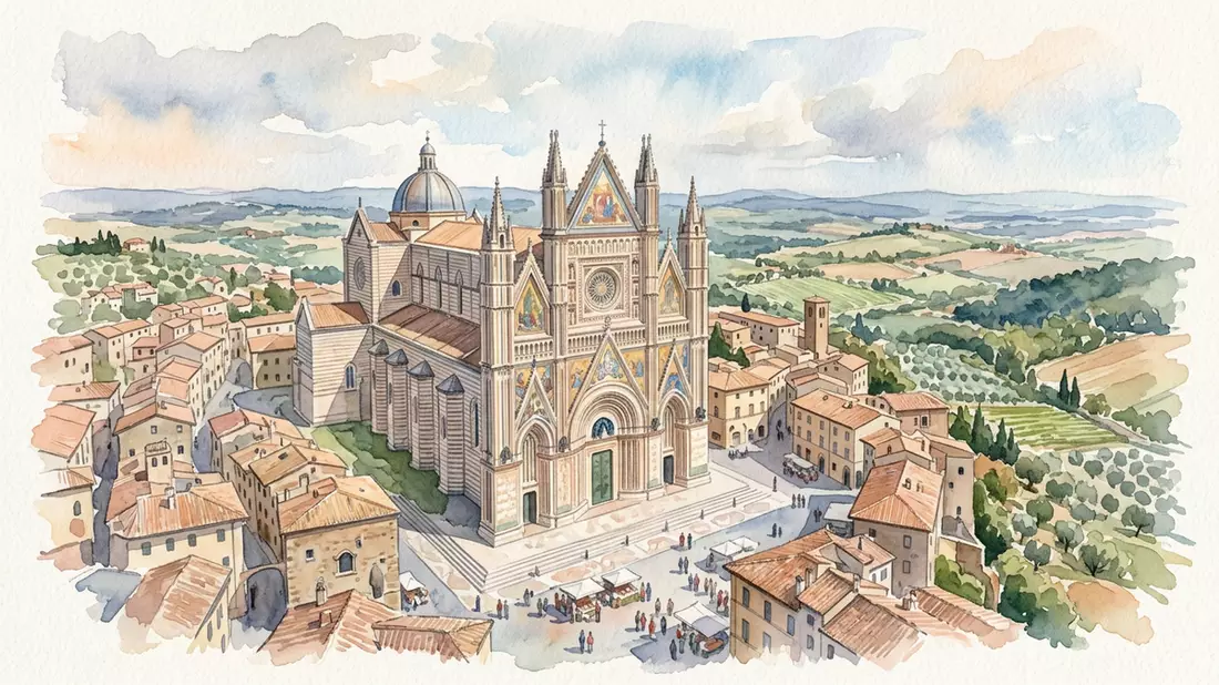Aquarell-Illustration von Dom von Orvieto in Orvieto, Italien als Reiseposter