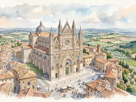 Aquarellillustration des Wahrzeichens Dom von Orvieto in Orvieto Italien, weiche Farbverläufe und pastelliges Reiseposter-Feeling - Foto: THN