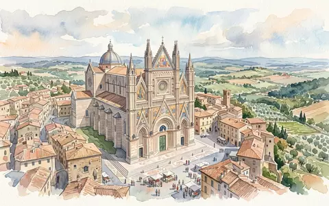 Aquarellillustration des Wahrzeichens Dom von Orvieto in Orvieto Italien, weiche Farbverläufe und pastelliges Reiseposter-Feeling - Foto: THN