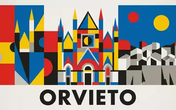 Bauhaus-Poster als geometrische Abstraktion von Dom von Orvieto in Orvieto Italien, kraeftige Grundfarben und harte - Foto: THN