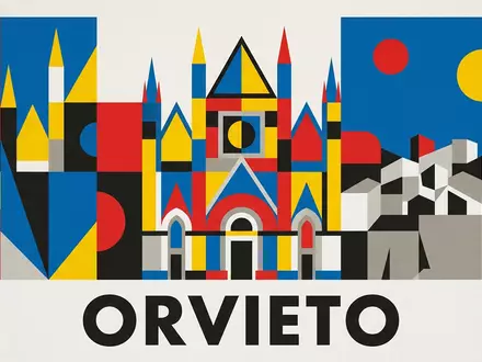 Bauhaus-Poster als geometrische Abstraktion von Dom von Orvieto in Orvieto Italien, kraeftige Grundfarben und harte - Foto: THN