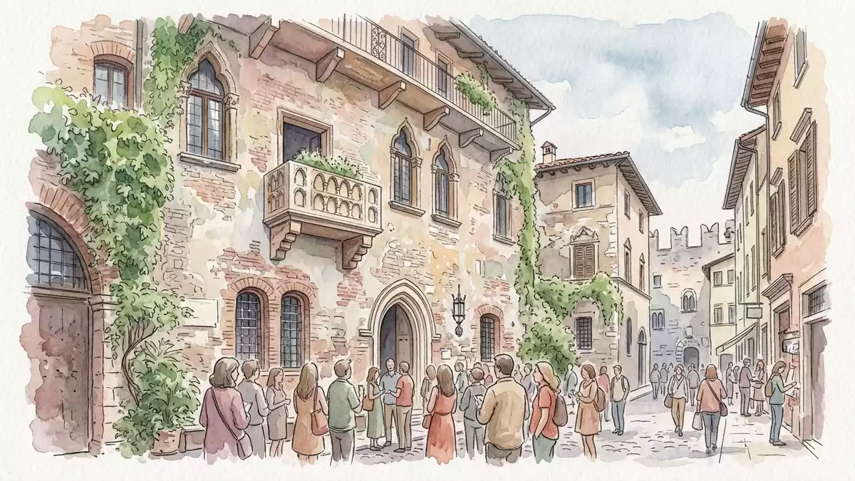 Aquarell-Illustration von Julias Haus Verona in Verona, Italien als Reiseposter