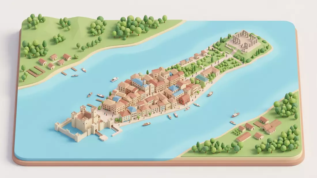 Isometrisches Diorama von Sirmione am Gardasee in Sirmione, Italien in Pastell