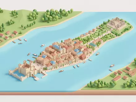 Isometrisches Diorama von Sirmione am Gardasee und Umgebung in Sirmione Italien, verspielte Low-Poly-Kulisse in Pastellfarben - Foto: THN