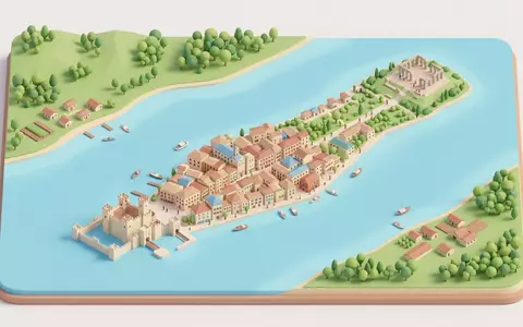 Isometrisches Diorama von Sirmione am Gardasee und Umgebung in Sirmione Italien, verspielte Low-Poly-Kulisse in Pastellfarben - Foto: THN