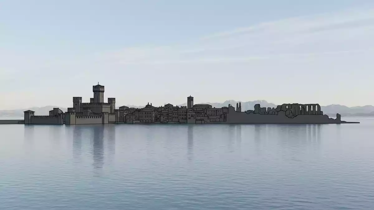 Architektur-Render von Sirmione am Gardasee in Sirmione, Italien bei Tageslicht
