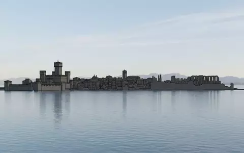 Moderner Architektur-Render zeigt Silhouette von Sirmione am Gardasee in Sirmione Italien, klare Linien und neutrales - Foto: THN