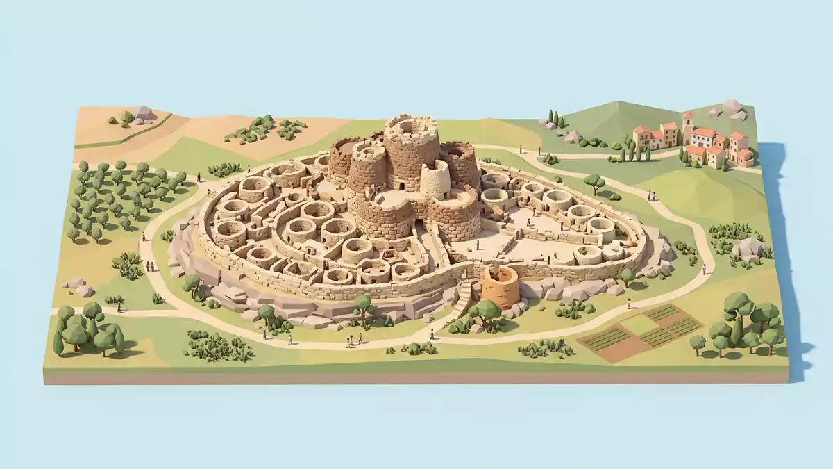 Isometrisches Diorama von Su Nuraxi in Barumini, Italien in Pastell