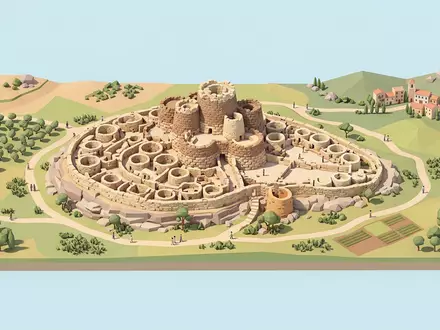 Isometrisches Diorama von Su Nuraxi und Umgebung in Barumini Italien, verspielte Low-Poly-Kulisse in Pastellfarben - Foto: THN