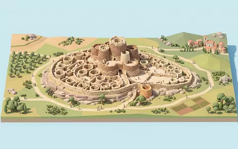 Isometrisches Diorama von Su Nuraxi und Umgebung in Barumini Italien, verspielte Low-Poly-Kulisse in Pastellfarben - Foto: THN