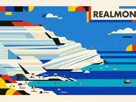 Bauhaus-Poster als geometrische Abstraktion von Scala dei Turchi in Realmonte Italien, kraeftige Grundfarben und harte - Foto: THN