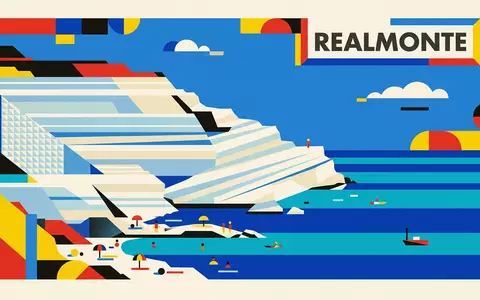 Bauhaus-Poster als geometrische Abstraktion von Scala dei Turchi in Realmonte Italien, kraeftige Grundfarben und harte - Foto: THN
