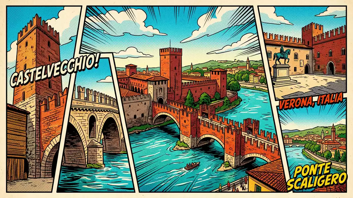 Pop-Art-Comic von Castelvecchio Verona in Verona, Italien mit Rasterpunkten