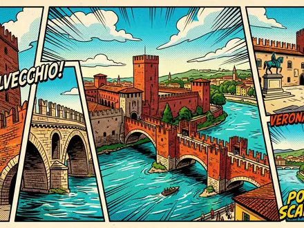 Pop-Art-Comicillustration des Wahrzeichens Castelvecchio Verona in Verona Italien, kraeftige Konturen Rasterpunkte und satte Farben - Foto: THN