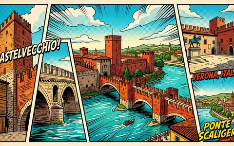 Pop-Art-Comicillustration des Wahrzeichens Castelvecchio Verona in Verona Italien, kraeftige Konturen Rasterpunkte und satte Farben - Foto: THN