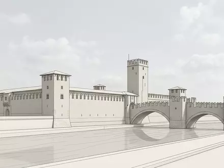 Moderner Architektur-Render zeigt Silhouette von Castelvecchio Verona in Verona Italien, klare Linien und neutrales Tageslicht - Foto: THN