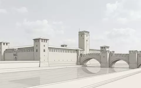 Moderner Architektur-Render zeigt Silhouette von Castelvecchio Verona in Verona Italien, klare Linien und neutrales Tageslicht - Foto: THN