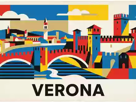 Bauhaus-Poster als geometrische Abstraktion von Castelvecchio Verona in Verona Italien, kraeftige Grundfarben und harte Formkanten - Foto: THN