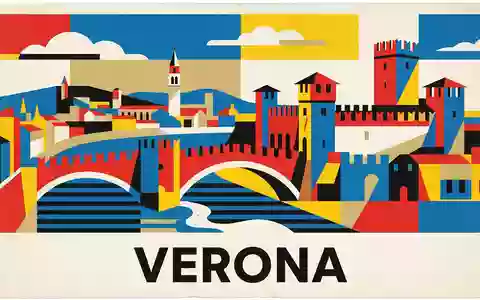 Bauhaus-Poster als geometrische Abstraktion von Castelvecchio Verona in Verona Italien, kraeftige Grundfarben und harte Formkanten - Foto: THN